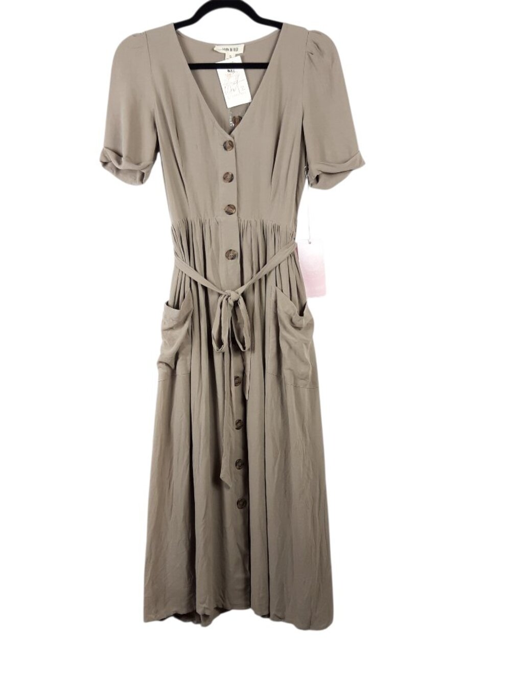 Fashion On Earth Beige Midi Cottagecore Button Dress Side Pockets NWT Size Small